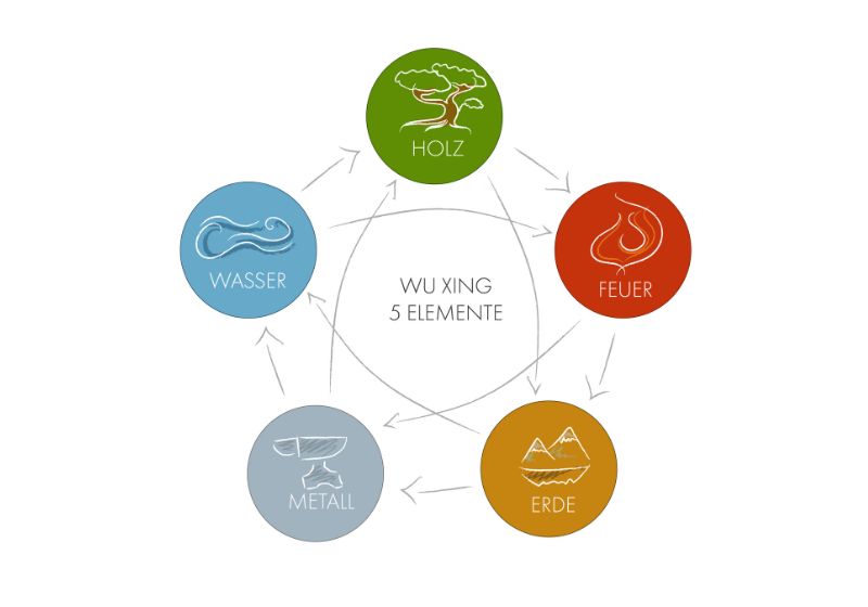 Grafik der 5-Elemente-Lehre mit den 5 Elementen Holz, Feuer, Erde, Metall, Wasser