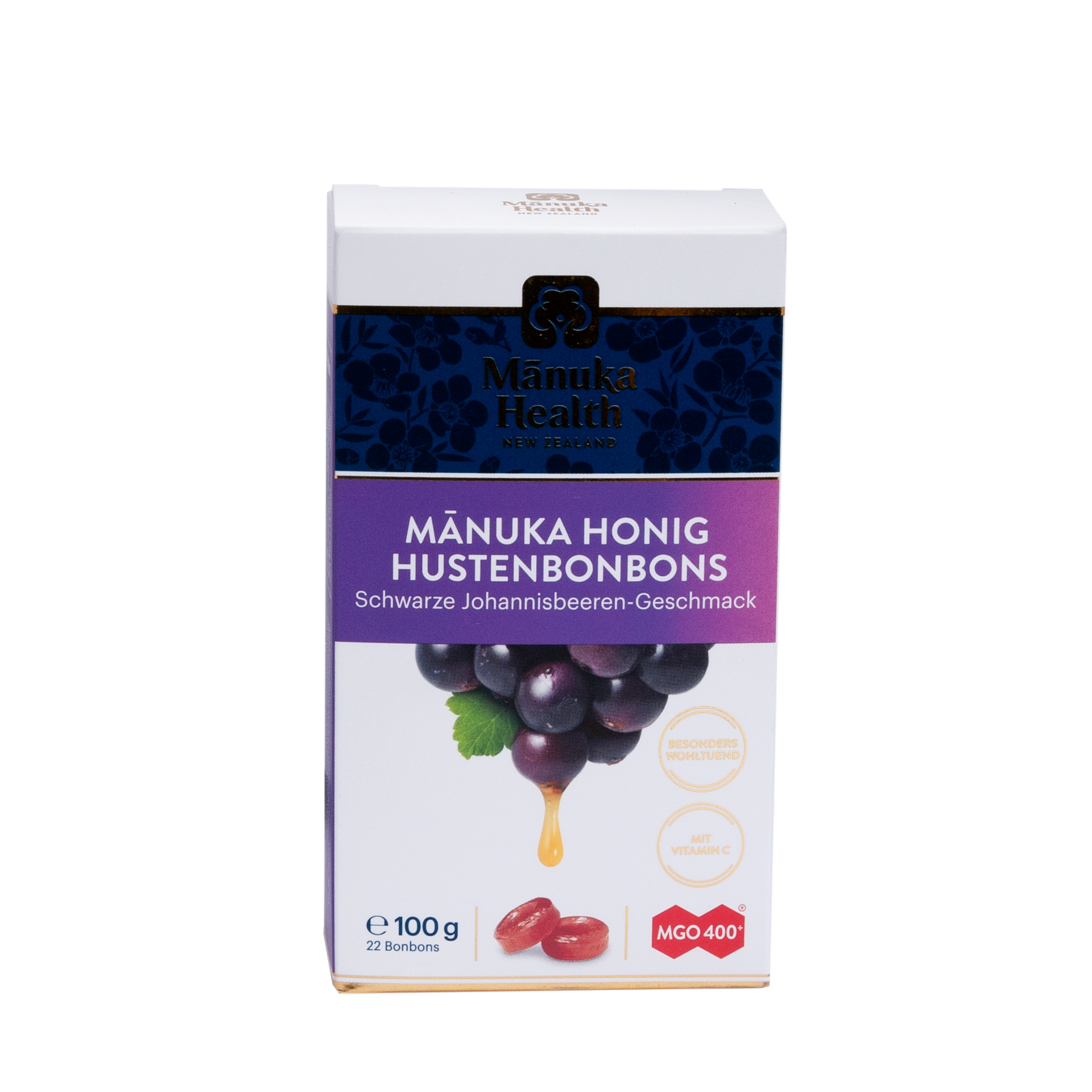 Manuka Honig Lutschbonbons, Schwarze Johannisbeere, 100 g Manuka Honig Lutschbonbons, Schwarze Johannisbeere, 100 g
